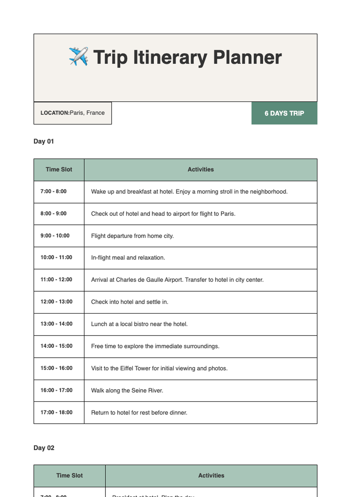 Printable 6 day trip itinerary planner with time slots and notes section_variant_2